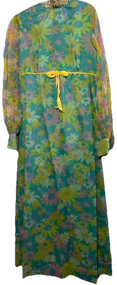Vestido Vintage Años 60 Boho Hippie Floral Organza Flower Power Casero Maxi Talla S/M Foto 3 de 4