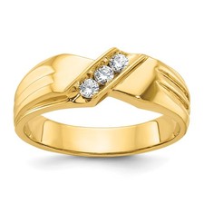 14k Yellow Gold Men's Polished and Grooved 3-Stone 1/5 Ct Round Diamond Ring