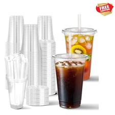 100 Sets- 20 oz Clear Plastic Cups with Lids and Straws, Disposable To Go Cup...