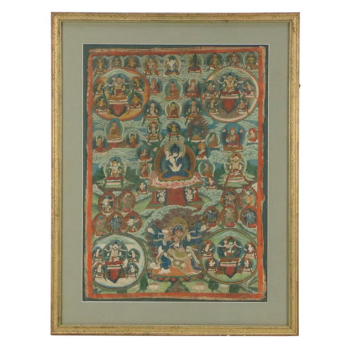 Antique Tibetan Thangka Samantabhadri Hand Painted Fabric Panel Framed