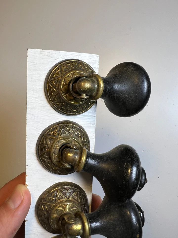 Set 5 Antique Drop Drawer Pulls Brass Black Wood Teardrop Victorian / Edwardian - Image 4 of 4