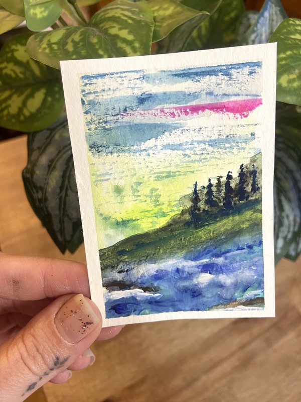 ACEO Original Art Miniature Card river landscape  Gouache  -Andrea baker