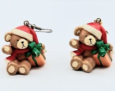 Resin Christmas Teddy Bear w/ Present Dangle Pierced Hook Earrings