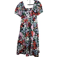 Old Navy Floral Puff Sleeve Midi Dress Square Neck Smocked Back Blue Multi M