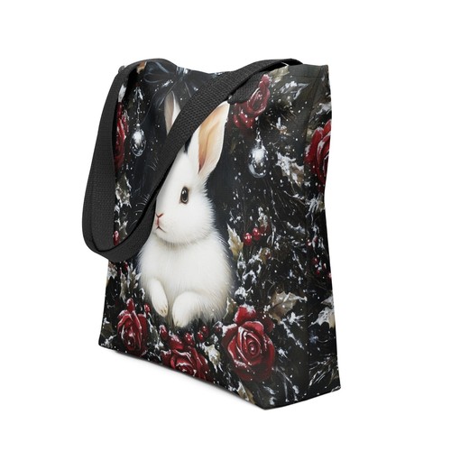 White Rabbit Christmas Tote Bag Cute Winter Bunny Wreath Holiday Shopping Bag - Picture 3 of 7