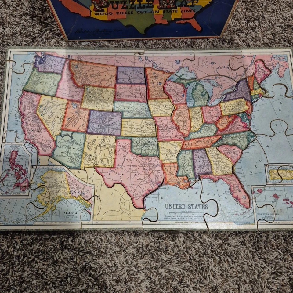 老式 Parker Brothers 木制美国拼图地图 - 完整带盒 — 第 3/4 张图片