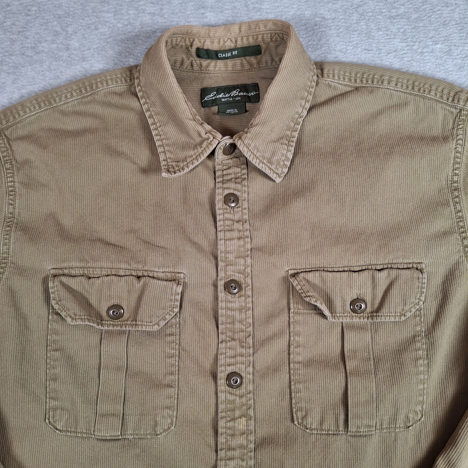 Eddie Bauer Corduroy Button Front Shirt Men Large Tall Olive Green Work Classic