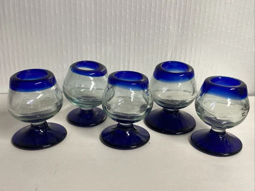 Hand Blown Mexican Glass with Cobalt Blue Rim Tequila Shot or Stem