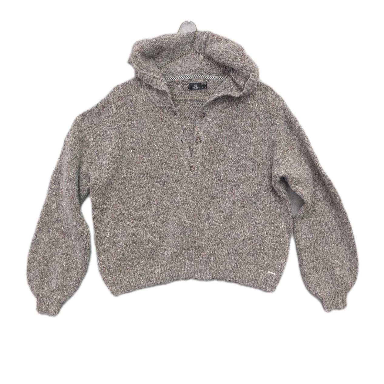 Volcom Pullover Knit Sweater Hoodie 3 Button Front Ladies Large Loose Baggy Gray