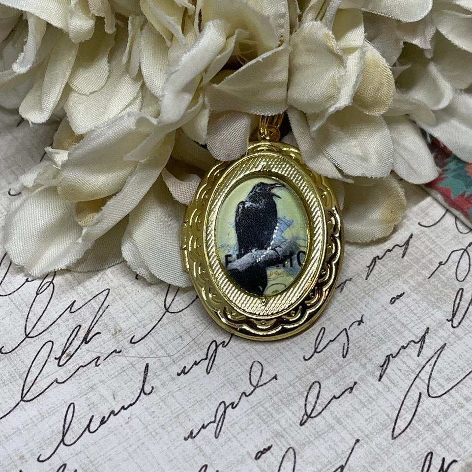 Festival Oro Cuervo Negro Cuervo Medallón Collar Colgante Gótico Boda Halloween Foto 2 de 4