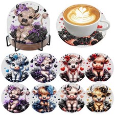 8 PCS Diamond Art Coasters Cow Diamond Painting Coasters Kits with Holder DIY fo