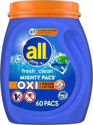 Fresh Clean, OXI + Odor Lifter, MIGHTY PACS Laundry Detergent Pacs, 60 Count