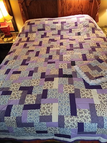 Handmade Quilt 90"L x 78"W Purple White Calico Sackcloth  Cotton Cottage +Pillow