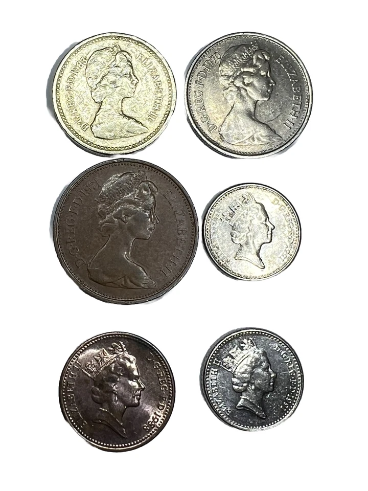 Reino Unido 6 moedas erro 1 libra, 5,2 NewPence e centavo de 1970 a 1991 MS - Imagem 2 de 4