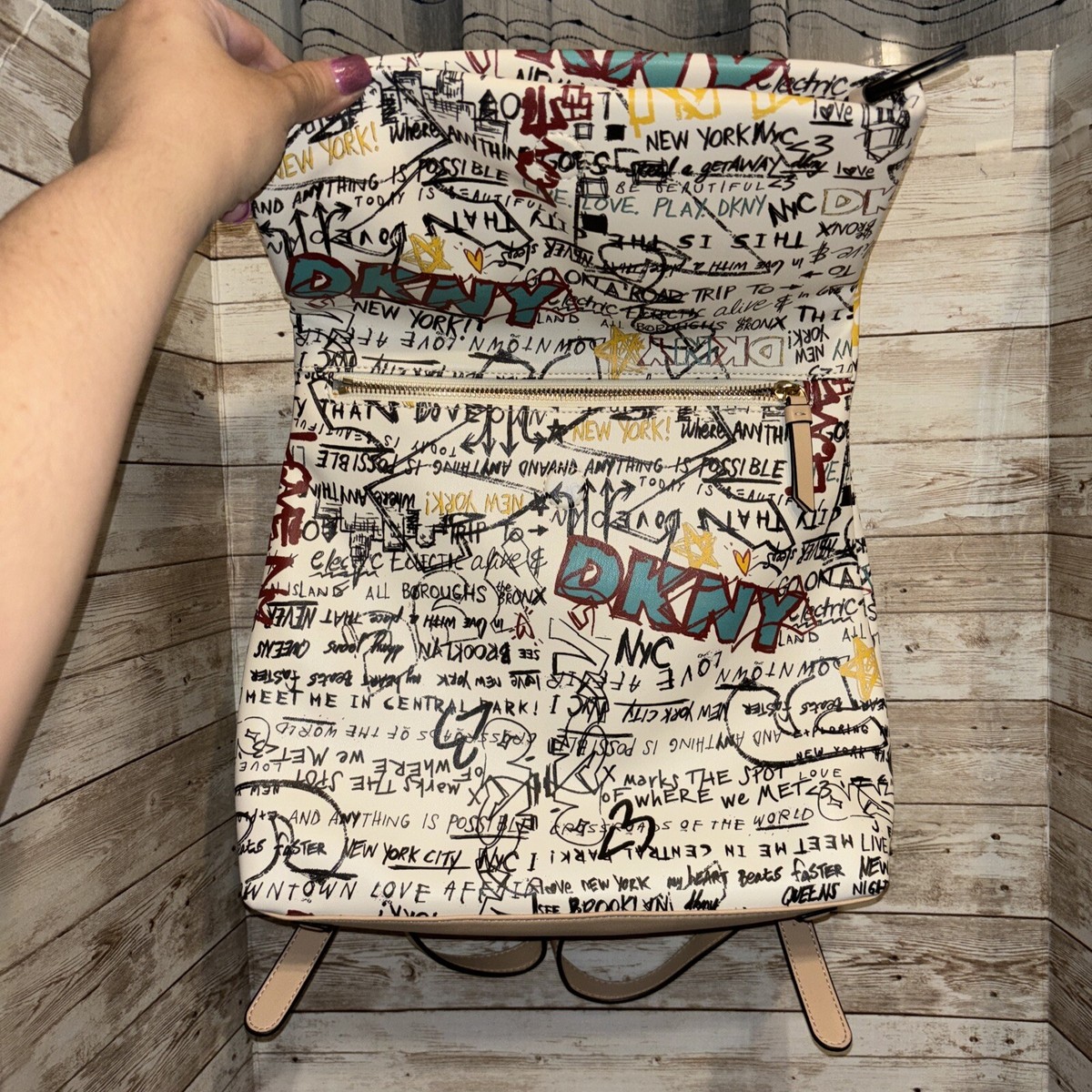 DKNY Tilly This Graffiti Foldover Backpack Logo Graffity Print New Without Tags DKNY Tilly Fold Over Backpack Graffiti Logo Black Multicolor  main image 2