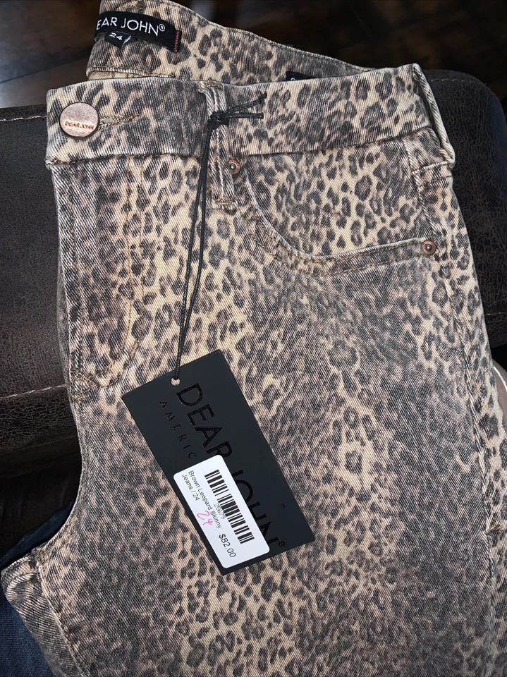 Pantalones de mezclilla ajustados de leopardo de cintura alta Dear John *hechos a mano americanos*talla 24~