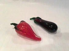 2 Vintage Decorative Murano Style Glass Fruit Decor Eggplant and Pepper 