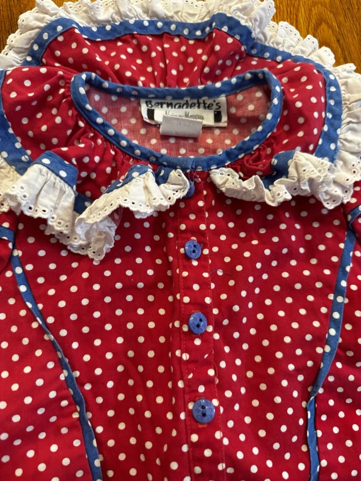 Vintage Bernadette’s Biscotti Girl’s Red Blue Polka dot Lace Romper One Piece 4T - Image 4 of 4