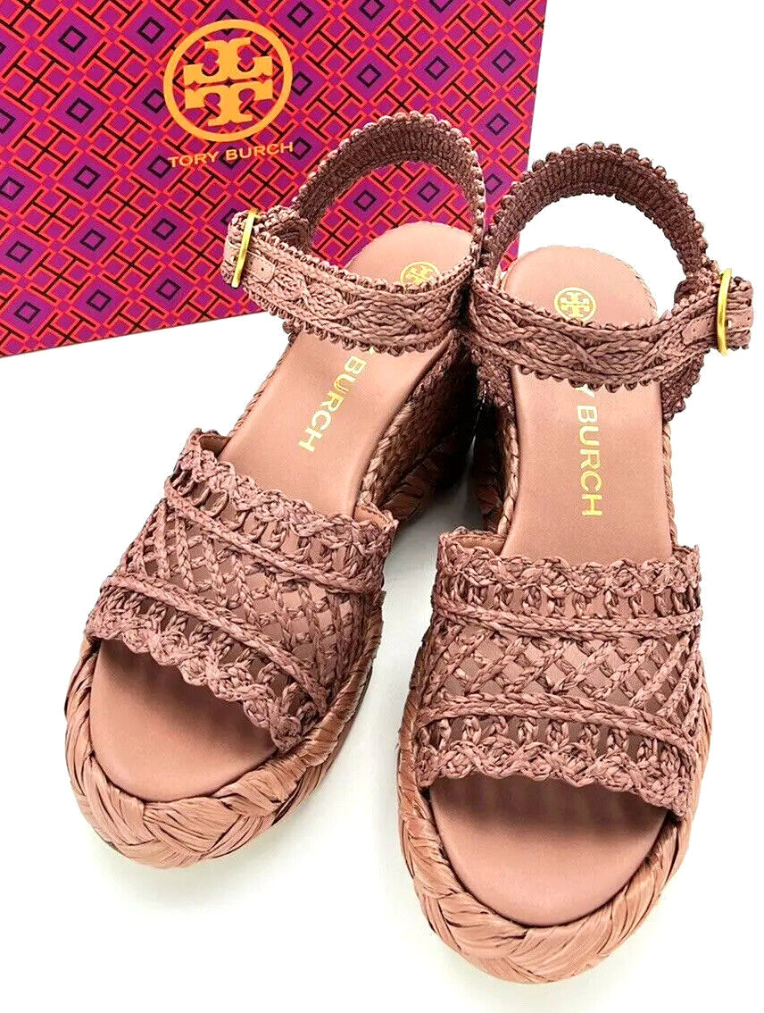 TORY BURCH WEDGE ESPADRILLE SANDAL WOVEN RAFFIA PINK