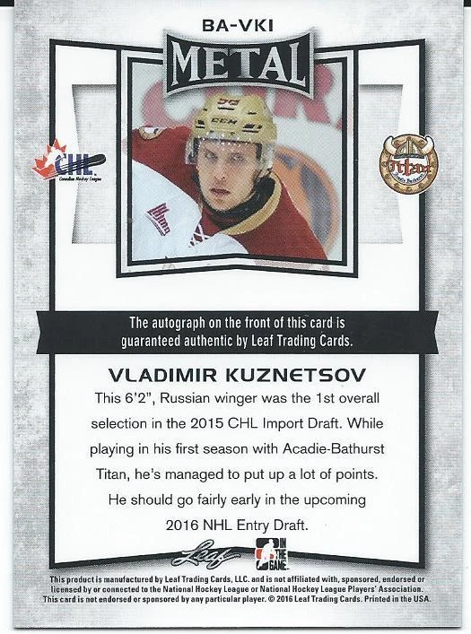 2015-16 ITG Leaf Metal VLADIMIR KUZNETSOV #BA-VK1 Autograph Acadie Bathurst - Image 2 of 2