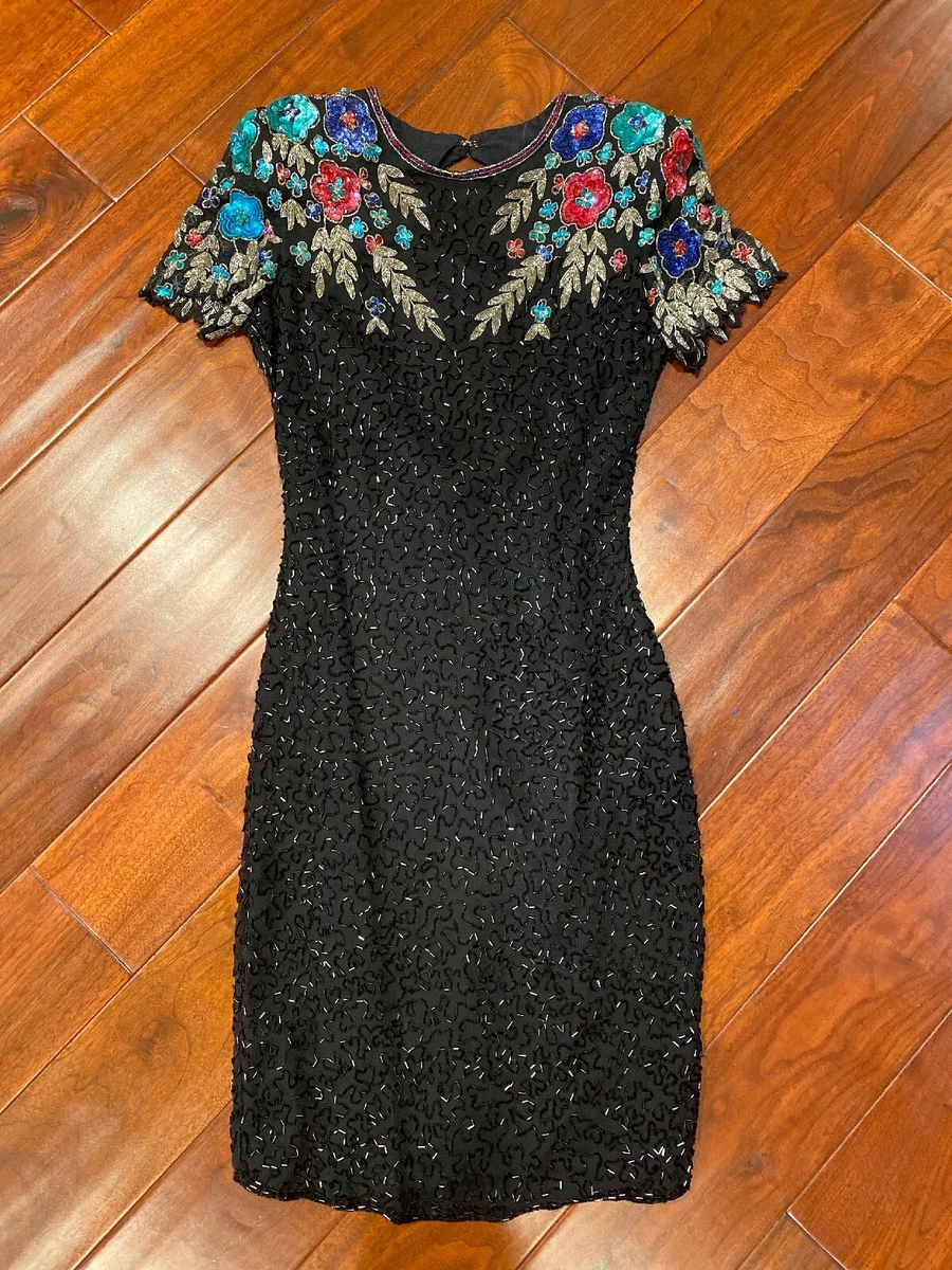 Vintage 70s Neiman Marcus embellished Silk Beaded Sequin Party Cocktail Dress PS