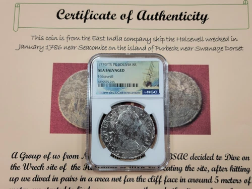 1779 Silver 8 Reales HALSEWELL SHIPWRECK NGC w/ COA PTS Potosi Bolivia *J720