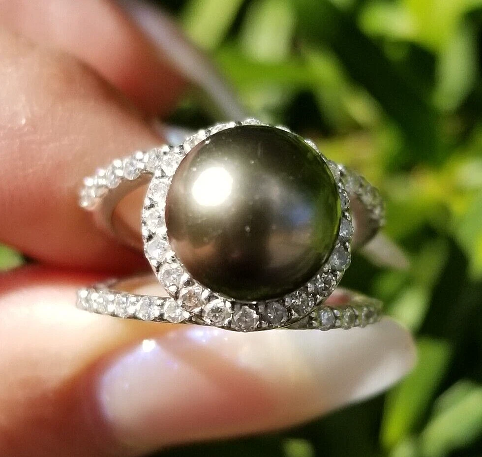 Tahitian black pearl ring with diamond in 14k shop white gold