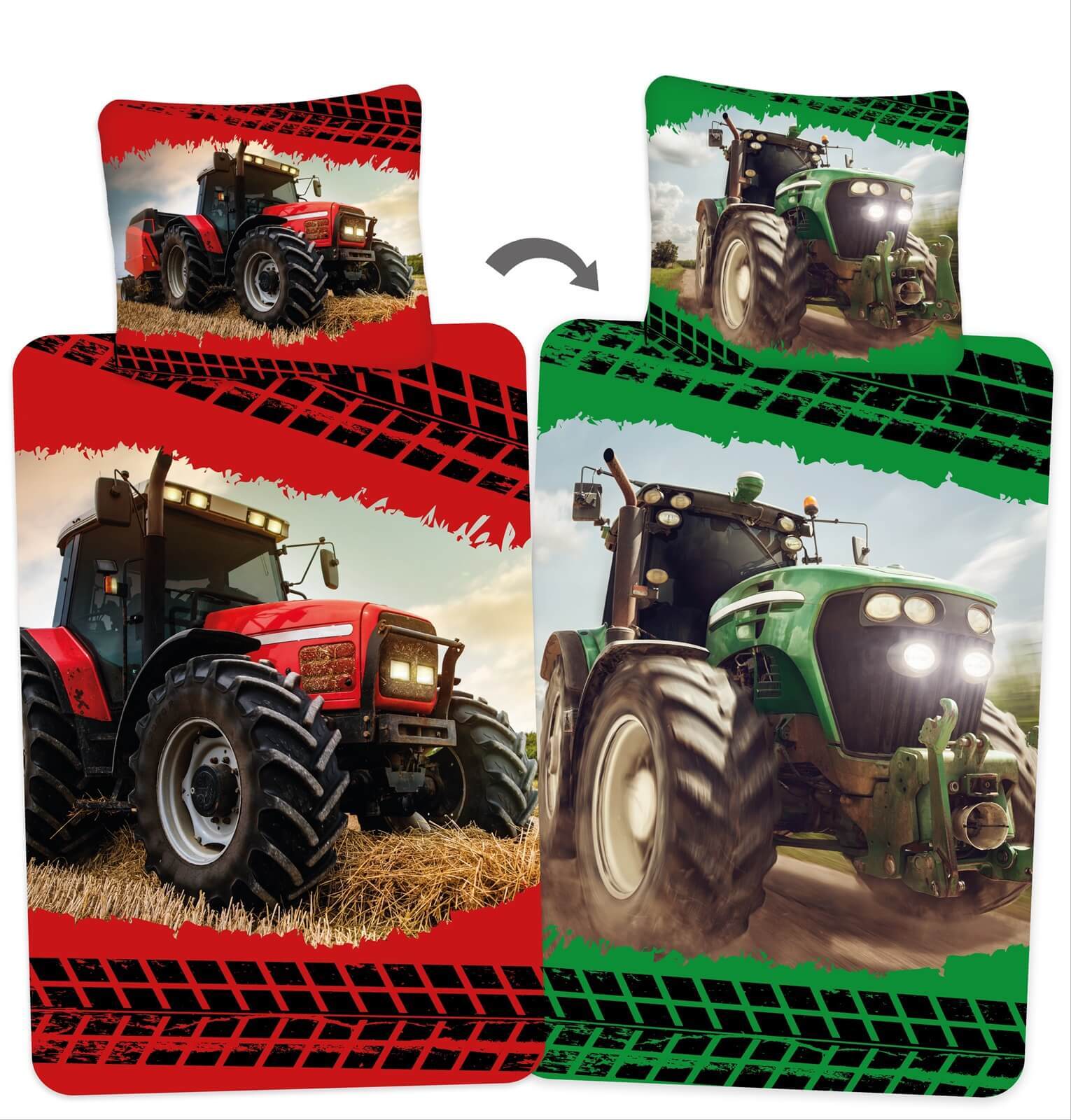 Traktor Wende-Bettwäsche-Set 135x200 Baumwolle Trecker Kinderbettwäsche Bettzeug