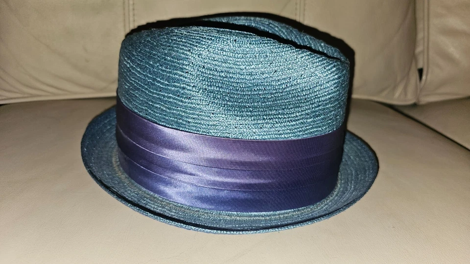 De colección Mid Century Bee Cool Metálico Aqua Paja Ala Tacaña Fedora Talla 63/4 Foto 3 de 4