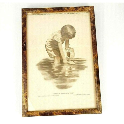 Antique Paper Print Cereal Ad Vintage Framed 1919 Cream of Wheat Sailboat Boy