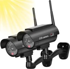 2-PK Solar Powered Fake Security Camera - Dummy Camera with Red Flashing Light