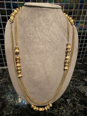 VTG MONET Textured Gold Tone 2 Theme Necklace Long 56  CHAIN Tag On FLAPPER NICE