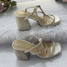 Betsey Johnson SB-Denni 8M Beige Rhinestone Block Heel Ankle Strap Sandals Women