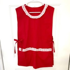 VTG Handmade 60s-70s Red Cobbler Smock Apron Eyelet Lace Trim Side Ties Pockets