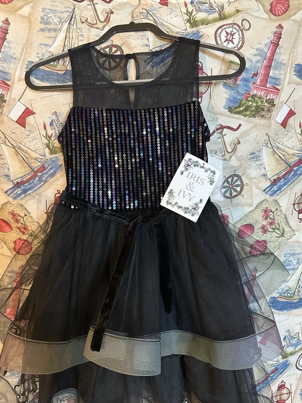 Iris & Ivy Girls Black Sequin Tulle Fit & Flare Dress, Sleeveless Knee