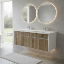 1200mm Wall Vanity Unit With Storage & White Wave Wash Basin | White & Oak