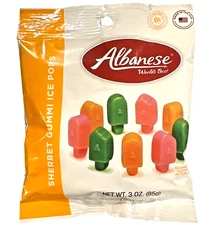 Albanese Sherbet Gummi Ice Pops Shaped 3 oz Gummy Candy Orange, Lime, Strawberry