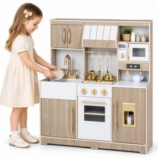 Wooden Play Kitchen for Kids Toddlers with Realistic Lights Sounds, Storage