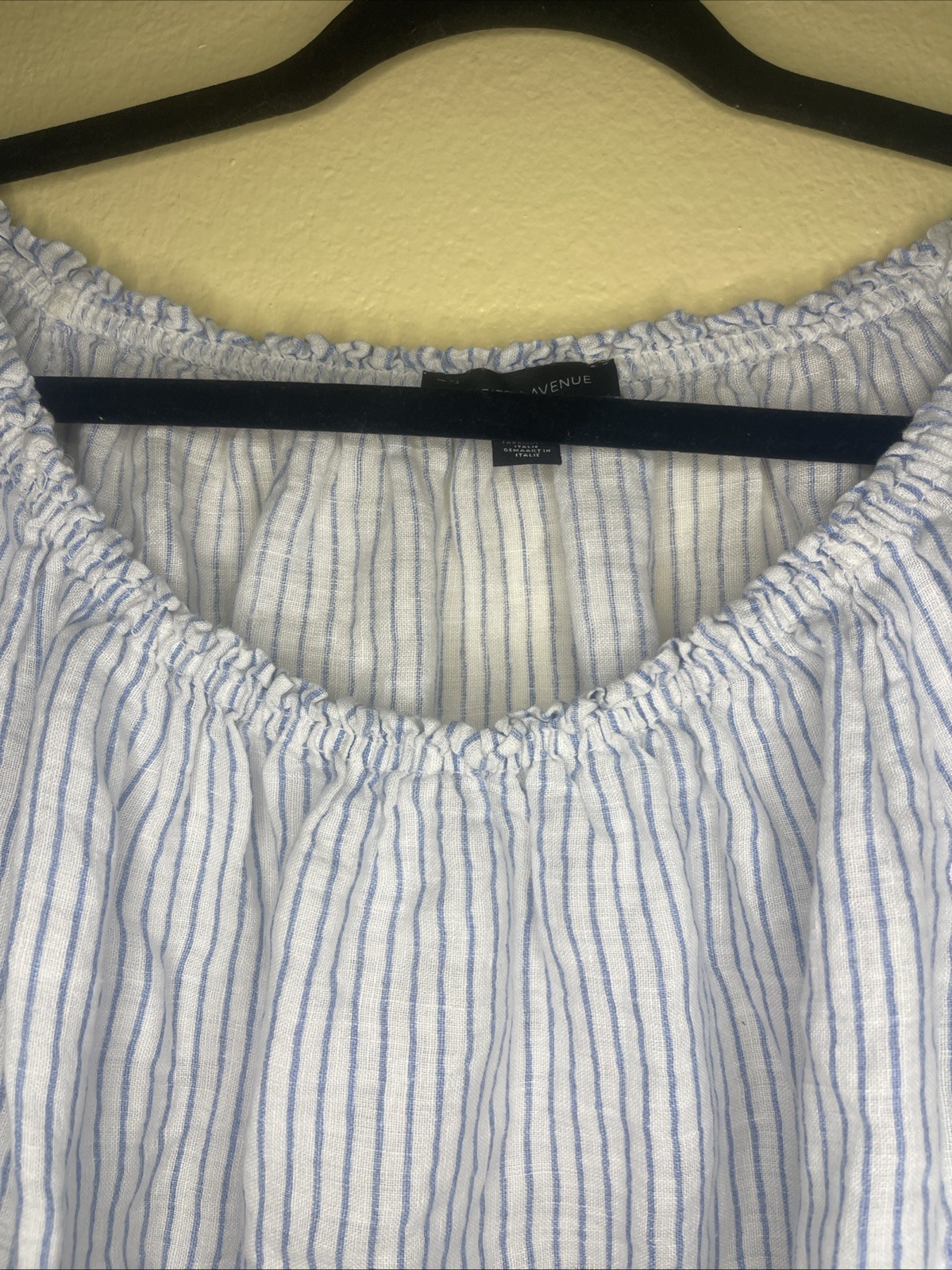 Saks Fifth Avenue Women's Linen Blue Pinstripe Shirt With Lace Sleeve XL Italy
