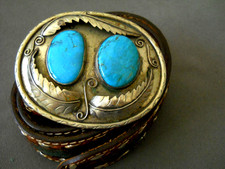 Native American Navajo Turquoise Leaf Silver Tone Buckle 36 Tooled Brown Belt