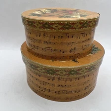 Christmas 2 Nesting Round Boxes Cardboard Holiday Music Notes Instruments