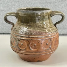 Earthenware Pottery Vase Art Vessel Rustic Terra Cotta Green 2 Handles