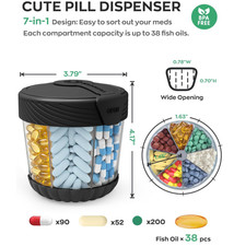 Cute Pill Organizer,Pill Dispenser with 7 Large Compartments,Portable Black-NEW