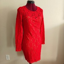 Express Mini Dress Red Lace Long Sleeve Backless Scalloped hem Cut Out Small