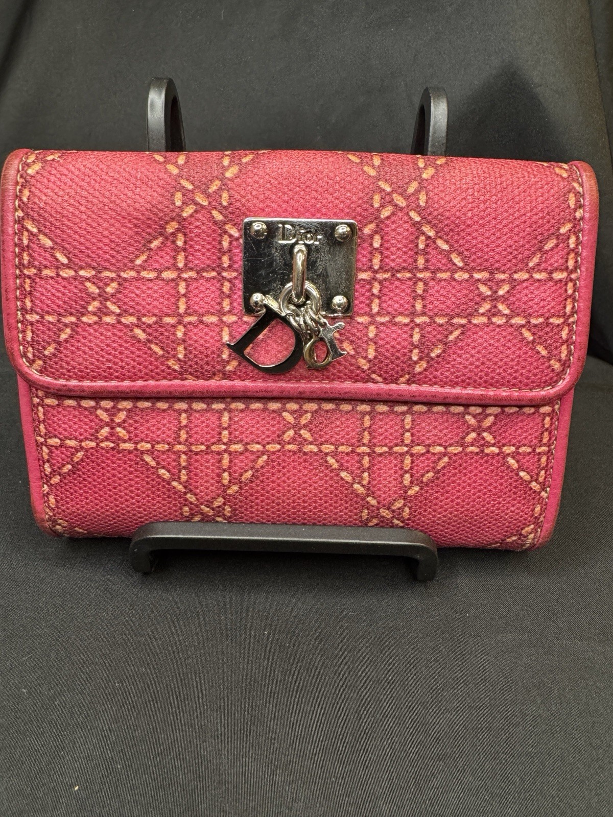Dior Lady Dior Charm Wallet Pink Cannage Stitch Silver Dior Logo-image