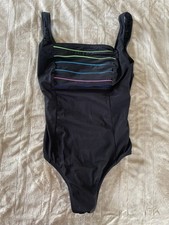 Women s Robby Len Black One Piece Swimsuit with Vibrant Stripes, 10