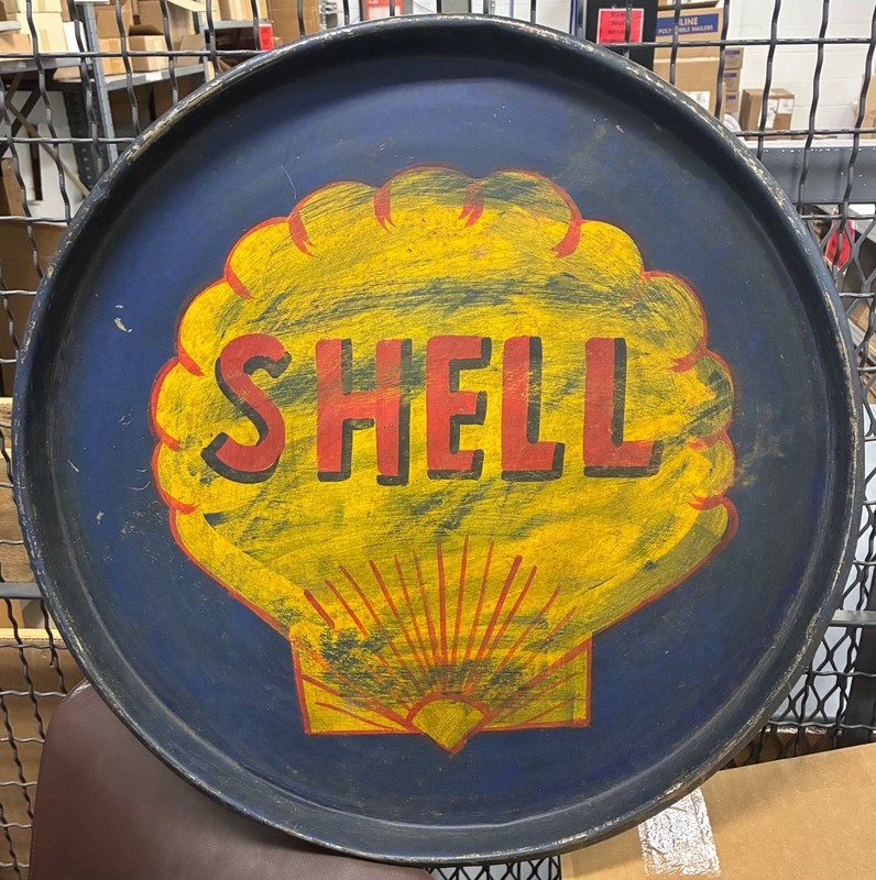 Old 1920s Americana Folk Art Handpainted Metal Shell Oil/ Gas Advertising Sign