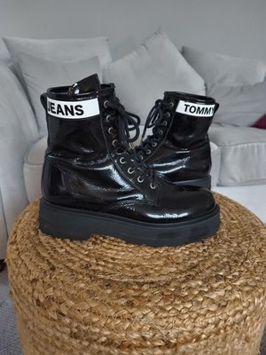 Tommy Jeans Plateau Stiefel Damen Größe UK 6,5 EU 40 Lack Schwarz Leder Trapper