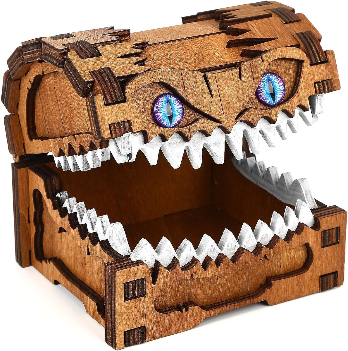 Mimic Dice Box – Wooden Monster Treasure Chest with Teeth & Blue