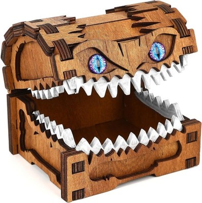 Mimic Dice Box – Wooden Monster Treasure Chest with Teeth & Blue